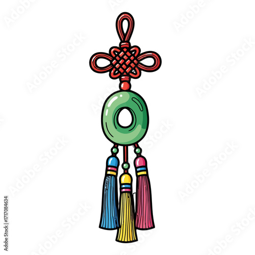 Chinese knot with green jade coin charm and three colorful tassels