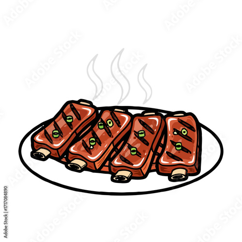 Plate delicious grilled ribs with steam rising, isolated on transparent, perfect for food blogs, restaurant menus, or barbecue advertising