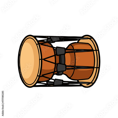 Traditional korean janggu drum, doubleheaded hourglassshaped percussion instrument made wood and animal skin, used in folk music