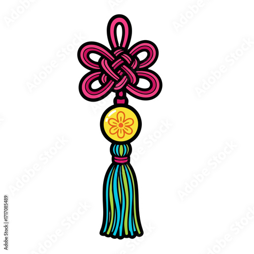 Traditional korean knot ornament, known as maedeup, featuring intricate pink knotwork, yellow floral charm, and colorful tassel