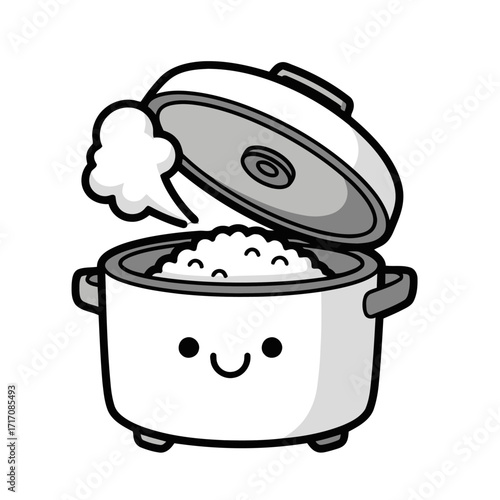 Cute cartoon rice cooker with smiling face, steam coming out the open lid, filled with fluffy rice