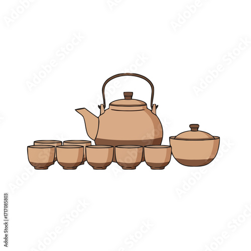 Traditional japanese tea set with teapot and several cups, isolated on transparent, perfect for culinary or cultural themes