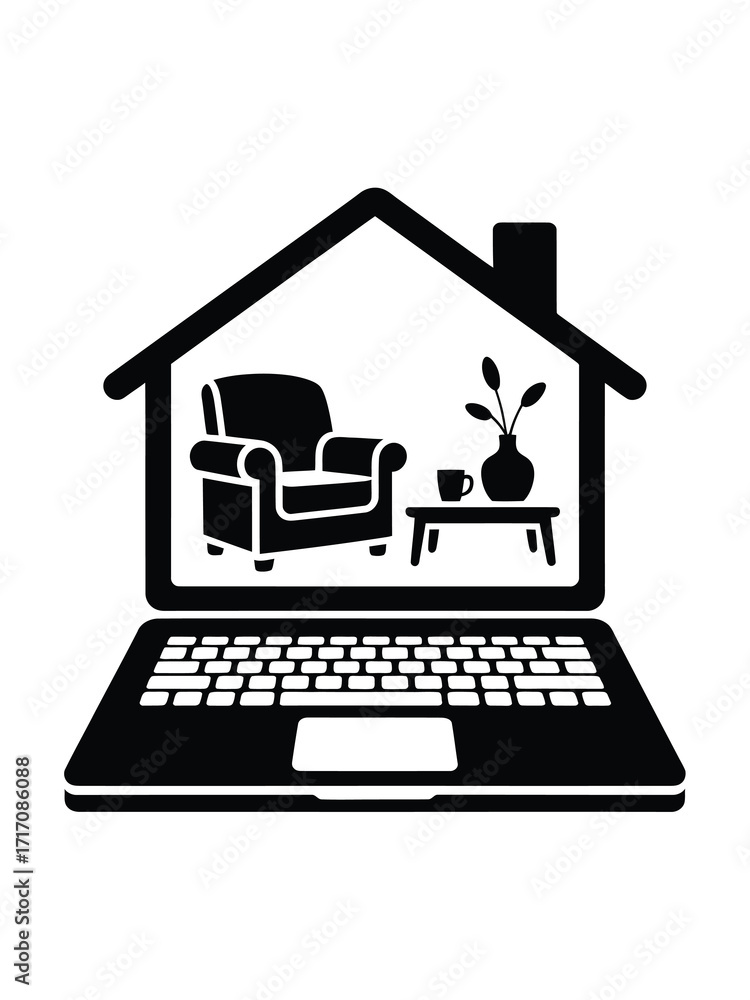 Fototapeta premium Laptop displaying a living room scene inside a house outline