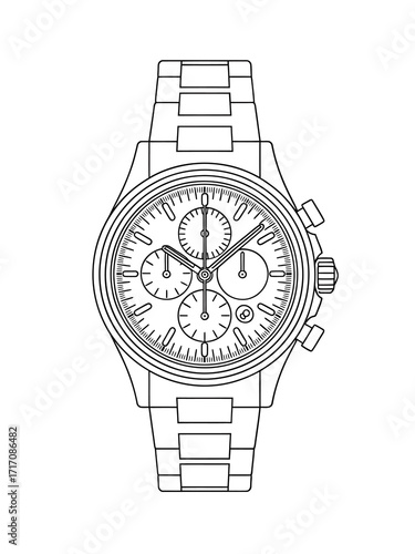 Detailed line drawing of a chronograph wristwatch
