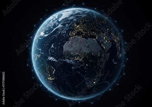 Digital earth illuminated by city lights and surrounded by a glowing network of global connections representing data flow and communication across continents