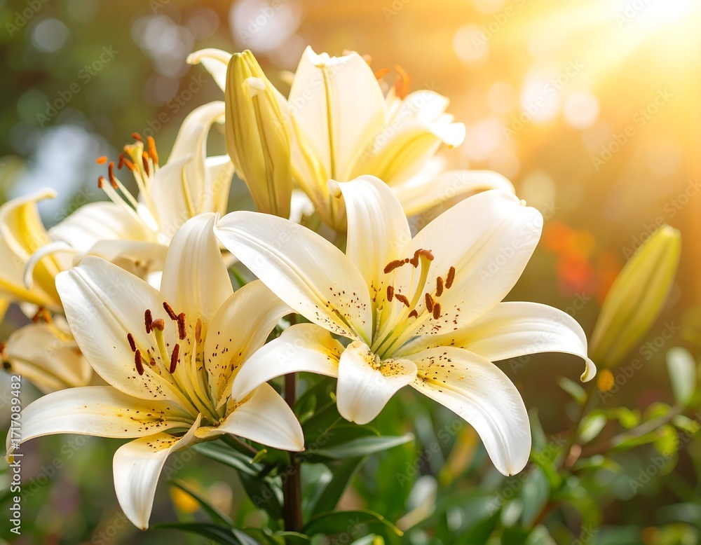 Fototapeta premium Beautiful cream lilies bathed in sunlight
