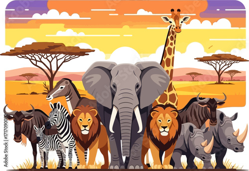 African Wildlife Biodiversity Conservation Flat Illustration