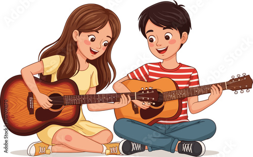 Two children playing acoustic guitars outdoors, music learning, friendship, creativity, childhood bonding, teamwork, artistic expression, education, harmony, joyful performance