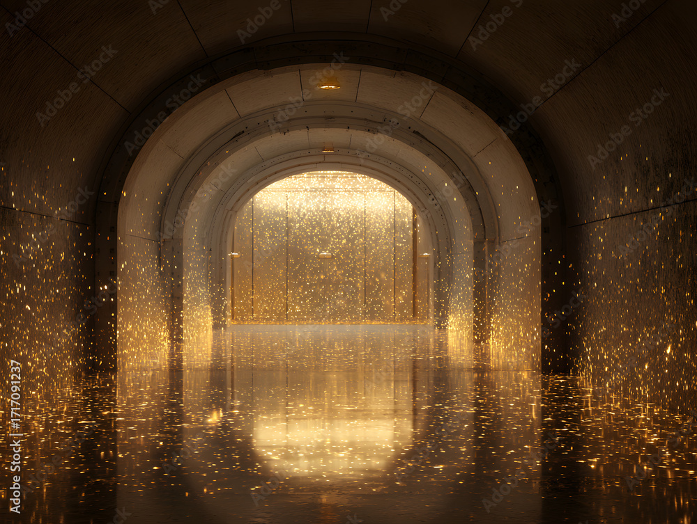 Naklejka premium Arched tunnel with cascading golden light and reflections