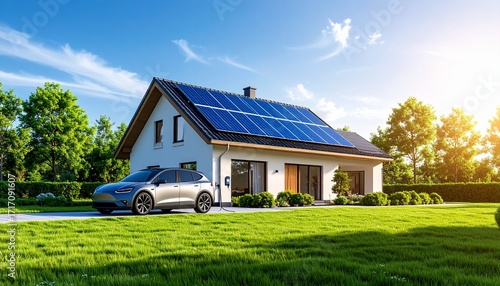 Sustainable modern home powered by solar energy with electric car charging in sunny suburban landscape
