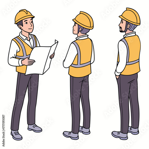 Civil engineer wearing hard hat holding construction project drawing. Character constructor for animation. Front, side and back view set. Body parts, postures, poses collection. Vector illustration