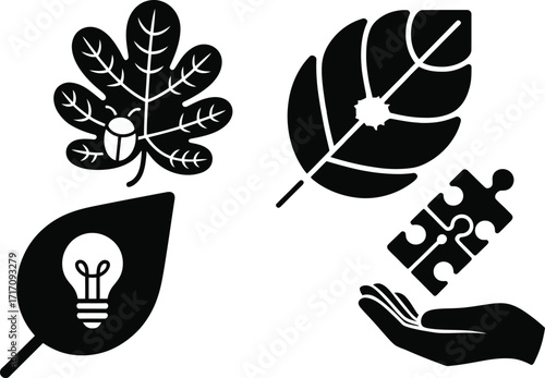 Unique ecological concept with leaves, lightbulb, bug and puzzle pieces illustration