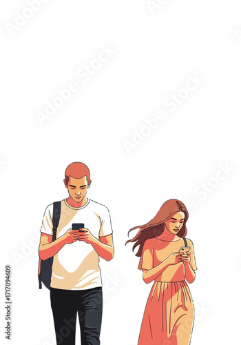 Young People Engaged With Smartphones Flat Vector Illustration