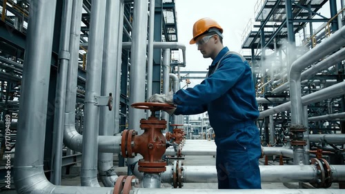 Engineer Operating Valve at Industrial Facility: Oil, Gas, and Petrochemical Industry Safety and Maintenance Procedures, Inspecting for Leaks and