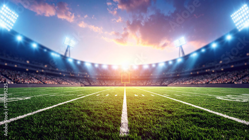 American football stadium with bright lights, sports background with copy space