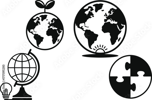 Black and white icons bundle for ecology, science, and global solutions themes