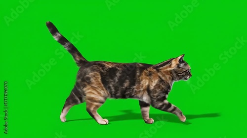 Striped Tabby Cat Walking Animation on Green Screen, Ideal for Visual Effects and Video Compositing Projects, enhancing any scene with natural