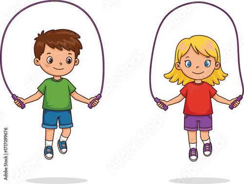 Children jumping rope, cartoon vector, outdoor activity, playful kids, physical exercise, motion pose, happy expression, fun scene, childhood fitness