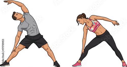 Side stretching, fitness routine, flexibility exercise, warm-up pose, active lifestyle, proper form, sportswear fashion, healthy movement, workout prep, body alignment