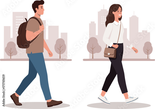 Urban commute, city walking, casual outfit, autumn fashion, everyday life, street scene, backpack style, seasonal clothing, modern buildings, leafless trees