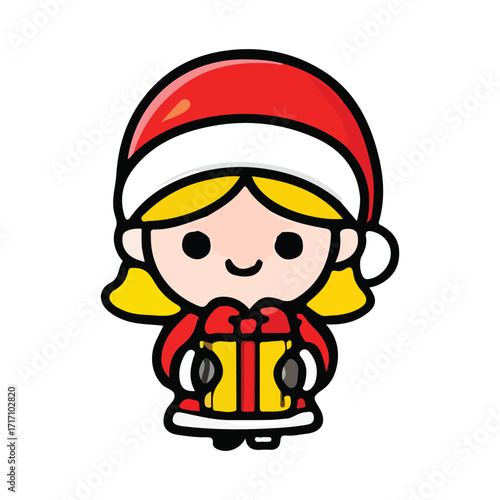 Girl in Santa Outfit Holding Gift Box – Adorable Christmas Cartoon Design
