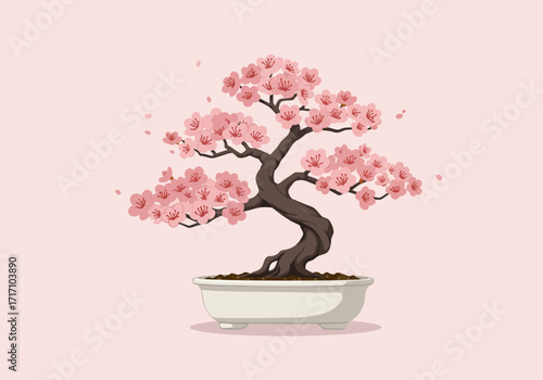 Elegant blooming cherry blossom bonsai tree with a twisted trunk and falling pink petals.