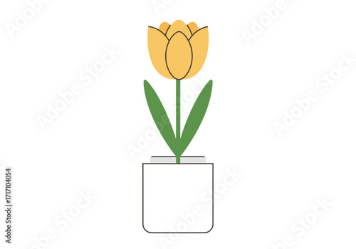 Stylized Yellow Tulip Flower in a Simple White Pot, Flat Design Illustration