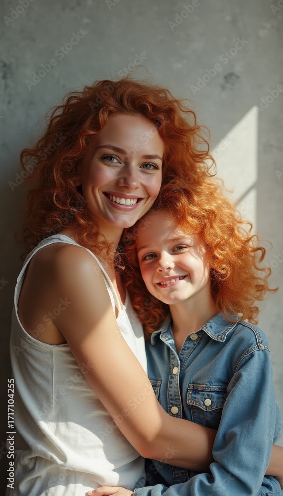 Obraz premium Caucasian woman hugging daughter by window in happy moment