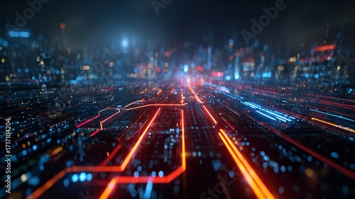 Vibrant cityscape with glowing skyscrapers and radiant neon lights illuminating the night sky.
