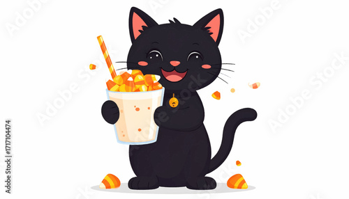 A charming cartoon black cat character smiles while holding a glass full of sweet candy corn, a delightful concept for an autumn holiday greeting