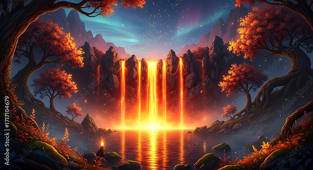 Fototapeta premium A breathtaking landscape showcases a vibrant waterfall of molten lava cascading down a rocky cliff face, reflecting in a tranquil lake, surrounded by autumnal trees in a mystical setting.