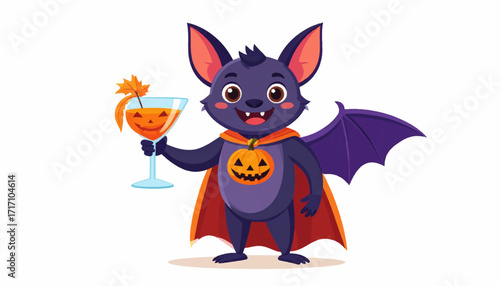 Charming cartoon bat in a Halloween costume with a pumpkin cape, holding a festive orange cocktail for a party celebration