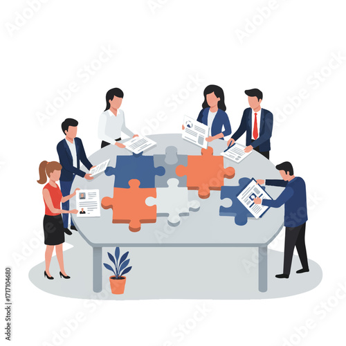 Business team collaborating on a puzzle, symbolizing teamwork and problem-solving for strategic growth and development