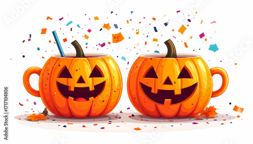 Halloween season festive mugs with carved pumpkin faces filled with colorful confetti and straws, celebrating spooky holiday traditions