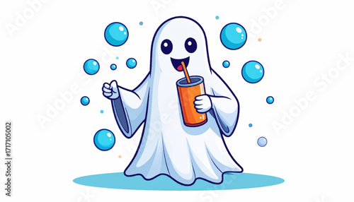 A whimsical cartoon ghost sipping on a fizzy drink from an orange cup. This cute and friendly spirit is perfect for Halloween designs and mascot creation