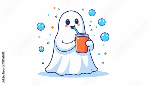 Cute cartoon ghost sipping a refreshing beverage from a cup with a straw. An adorable and friendly spirit character illustration surrounded by bubbles