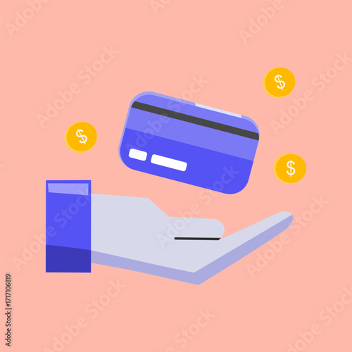 Hand holding a credit card and a pile of coins. Concept of someone being financially responsible and prepared for unexpected expenses. Vector Illustartion