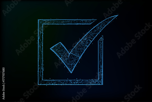 A high-tech, glowing blue check mark composed of interconnected polygonal lines and dots, rendered in a 3D low-poly style.