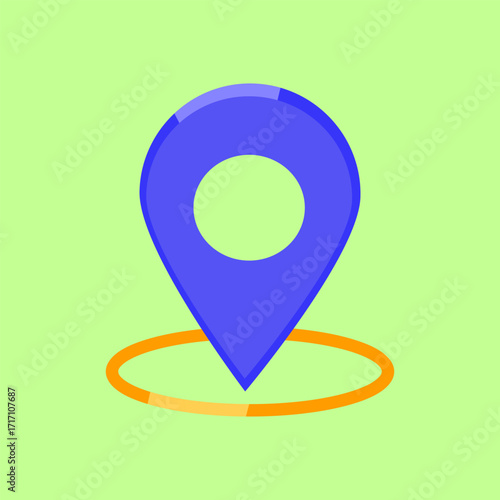 Blue and orange map pin is placed in the center of a green background. The blue pin is surrounded by a yellow circle, which gives the impression of a small, round. Vector Illustartion