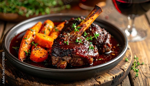 Delicious braised lamb shanks  with tender carrots, ideal for food blogs, recipe websites, and menus.