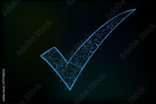A high-tech, glowing blue check mark composed of interconnected polygonal lines and dots, rendered in a 3D low-poly style.