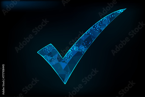 A high-tech, glowing blue check mark composed of interconnected polygonal lines and dots, rendered in a 3D low-poly style.