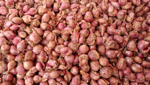 Close-up of fresh shallots with natural dirt on the skin, harvested red onions displayed in bulk at traditional market