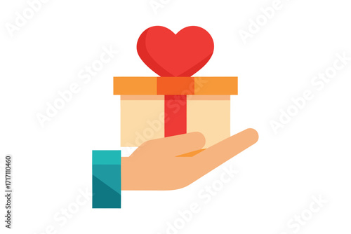 Hand Holding a Gift Box Topped with a Red Heart for Valentine's Day