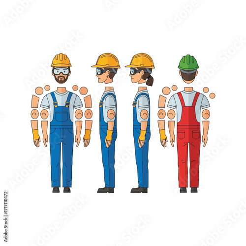 A diverse team of construction workers in yellow shirts and hard hats stands together at a building site