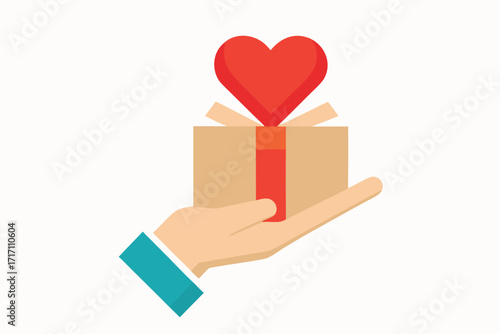 Hand Holding Gift Box with Red Heart and Ribbon Design Love, Giving Icon