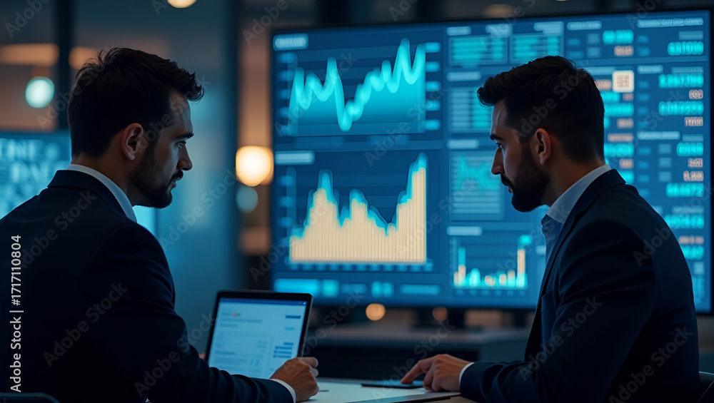 Fototapeta premium Senior Executives Analyze Global Economic Crisis: Digital Dashboards Show GDP Contraction, Unemployment Trends & Fiscal Policy Responses - Stock Photo Concept with Left Space