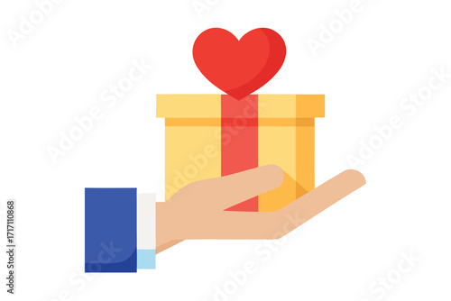 Hand Holding Gift Box with Red Heart, Love and Giving Illustration