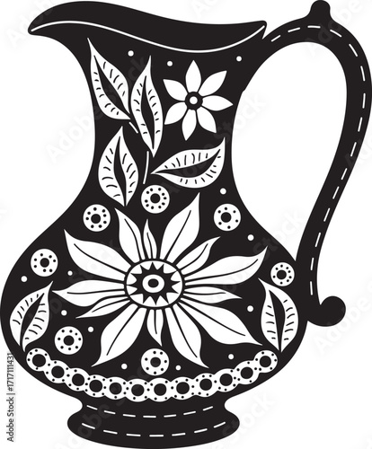 Black and white floral decorated pitcher illustration