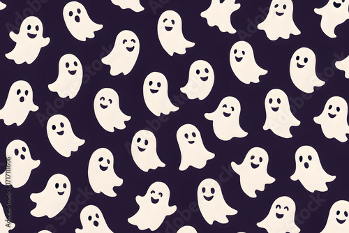 seamless pattern of cute cartoon ghosts floating on a dark purple background